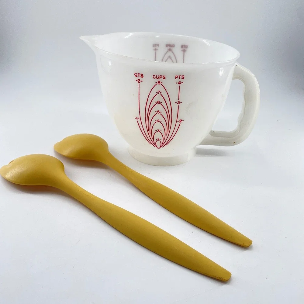 Vintage Tupperware Mix-N-Stor 8 Cup Pitcher & 2 Harvest Gold Salad Servers Set
